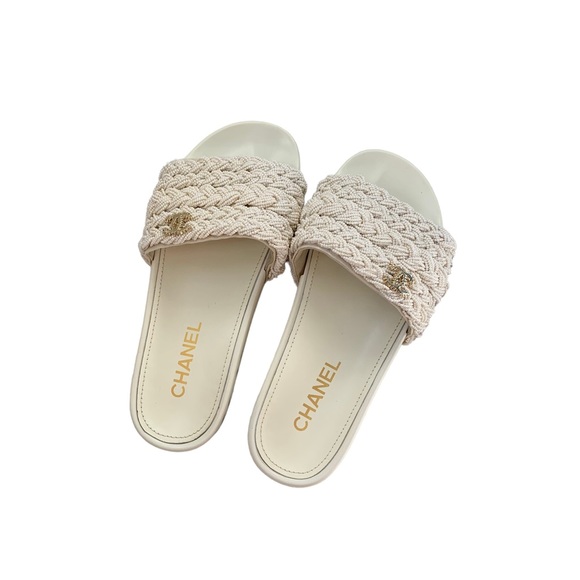 Chanel White Beaded Braided Sandal Slides - Picture 3 of 9
